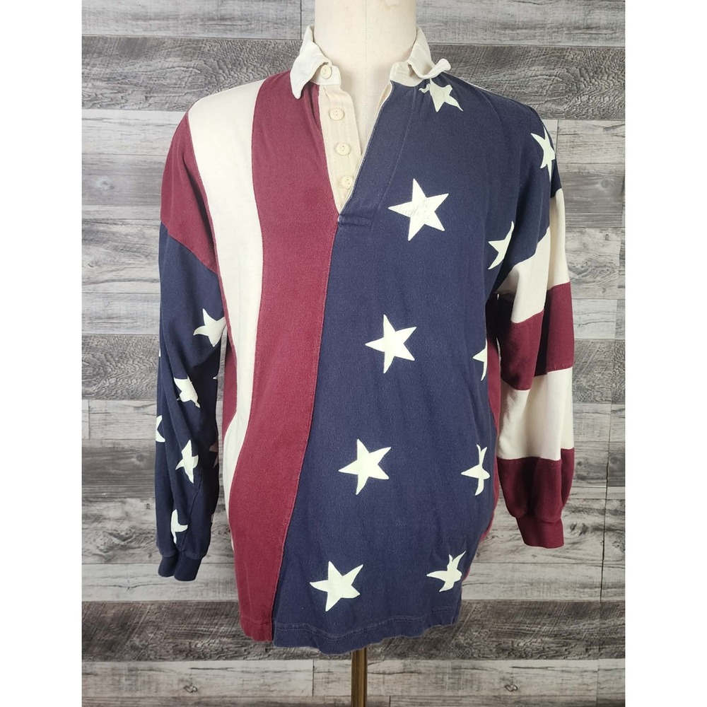 New River American Flag Rugby Shirt Mens Medium Stars Stripes Long Sleeve Cotton